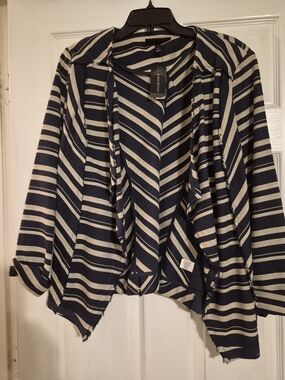 Lane Bryant Navy and White Chevron Stripe Open Cardigan